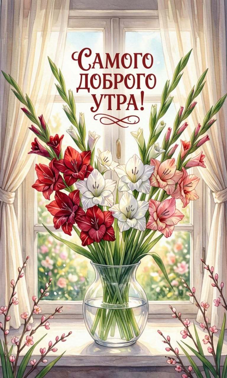 Открытка с добрым утром. Цветы в вазе на окне.