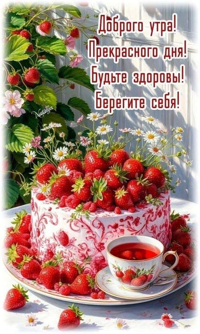Открытка с добрым утром. Торт с клубникой. Открытка с добрым утром. Торт с клубникой.