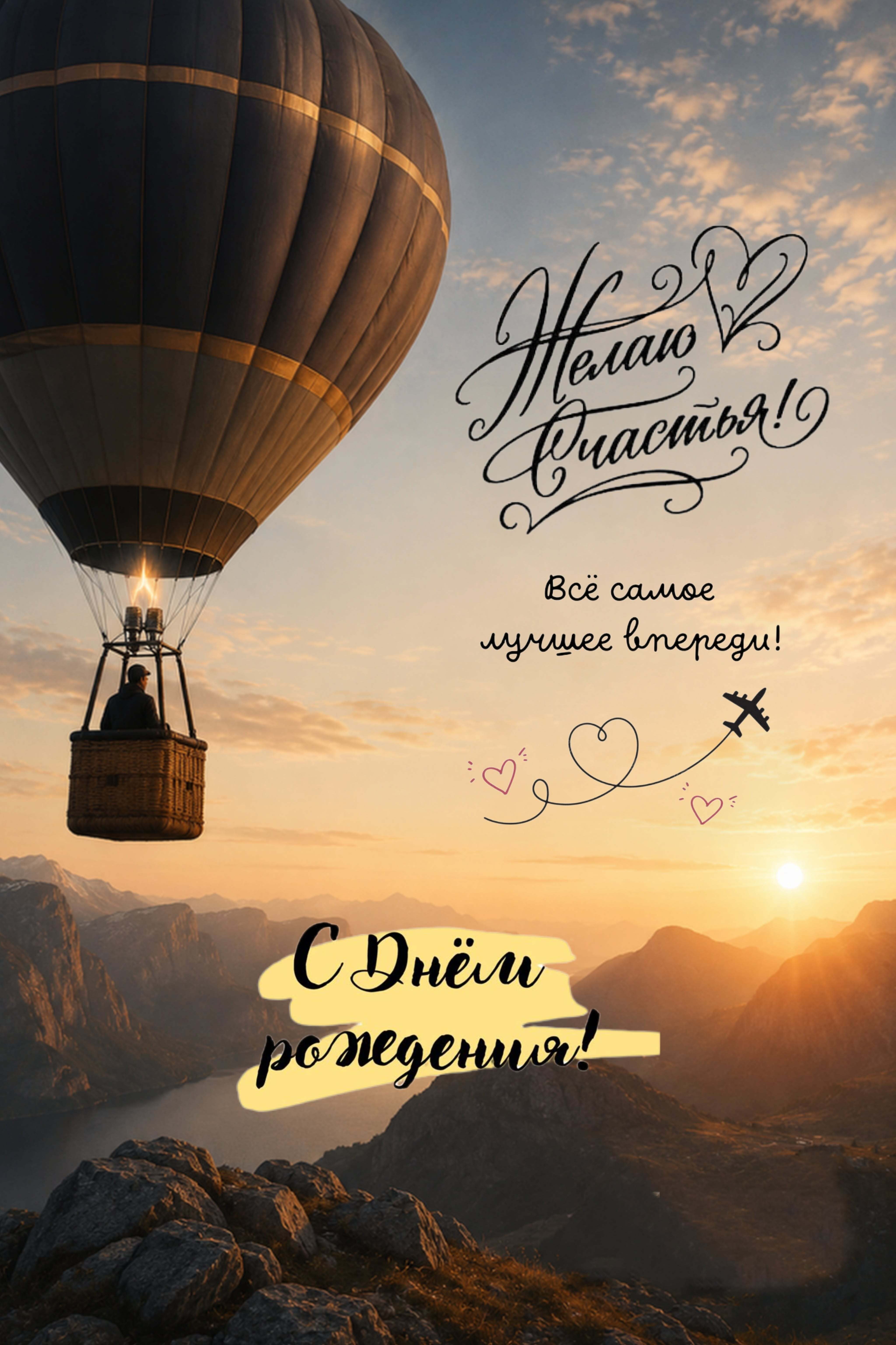 Открытка с днем рождения мужчине. С днем рождения! Воздушный шар над горами и заливом.