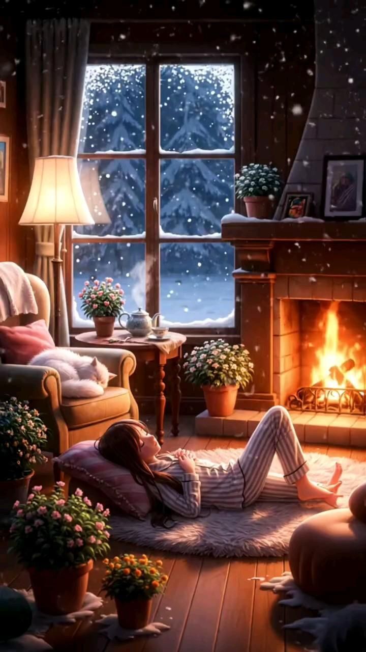 Открытка на Зиму. “Some nights are made for warmth, tea, and quiet snowfall.” a woman laying on the floor in front of a fire place with her feet up Открытка на Зиму. “Some nights are made for warmth, tea, and quiet snowfall.” a woman laying on the floor in front of a fire place with her feet up