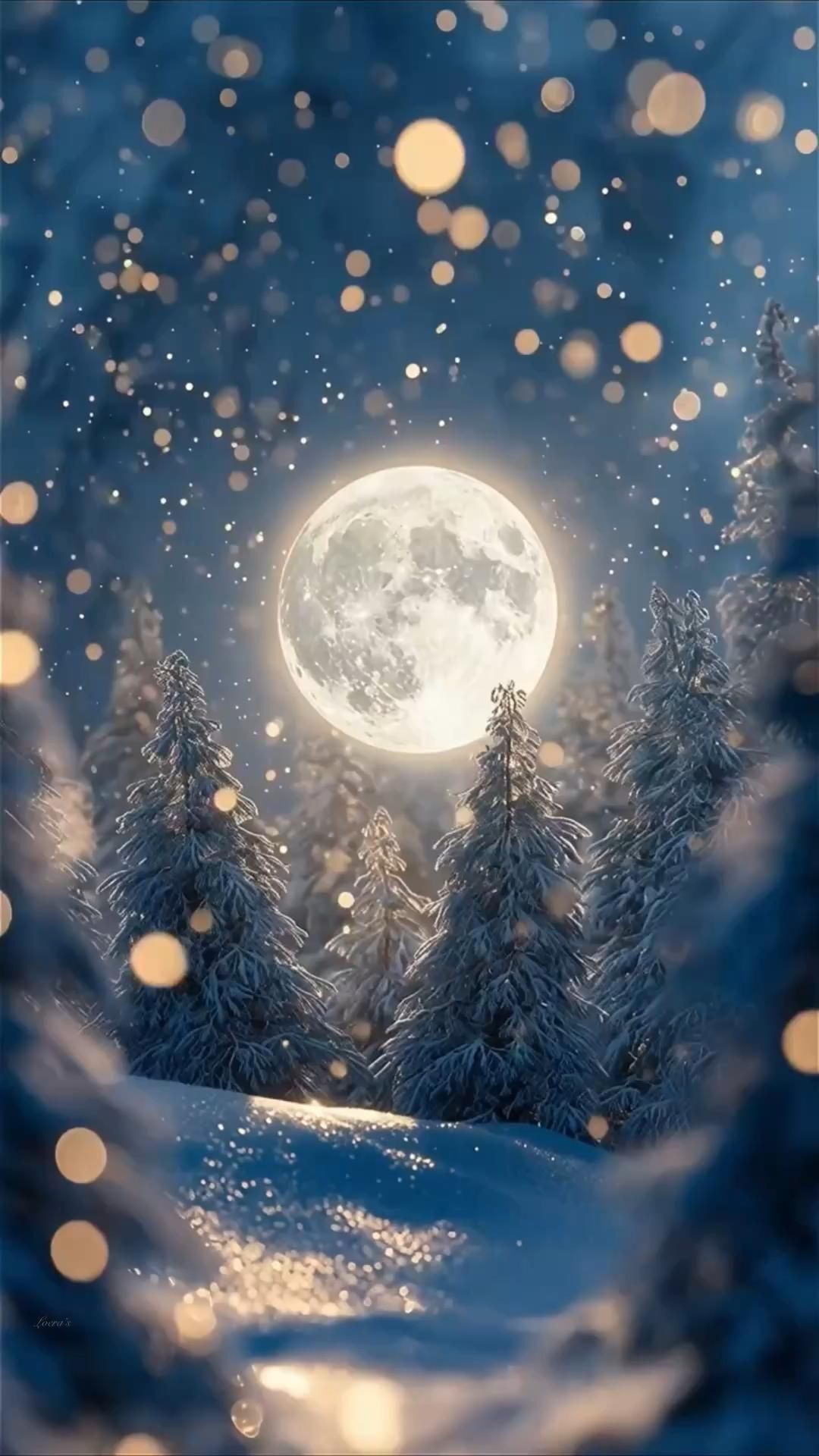 Открытка спокойной ночи. the full moon is shining brightly in the night sky over snow covered trees and evergreens