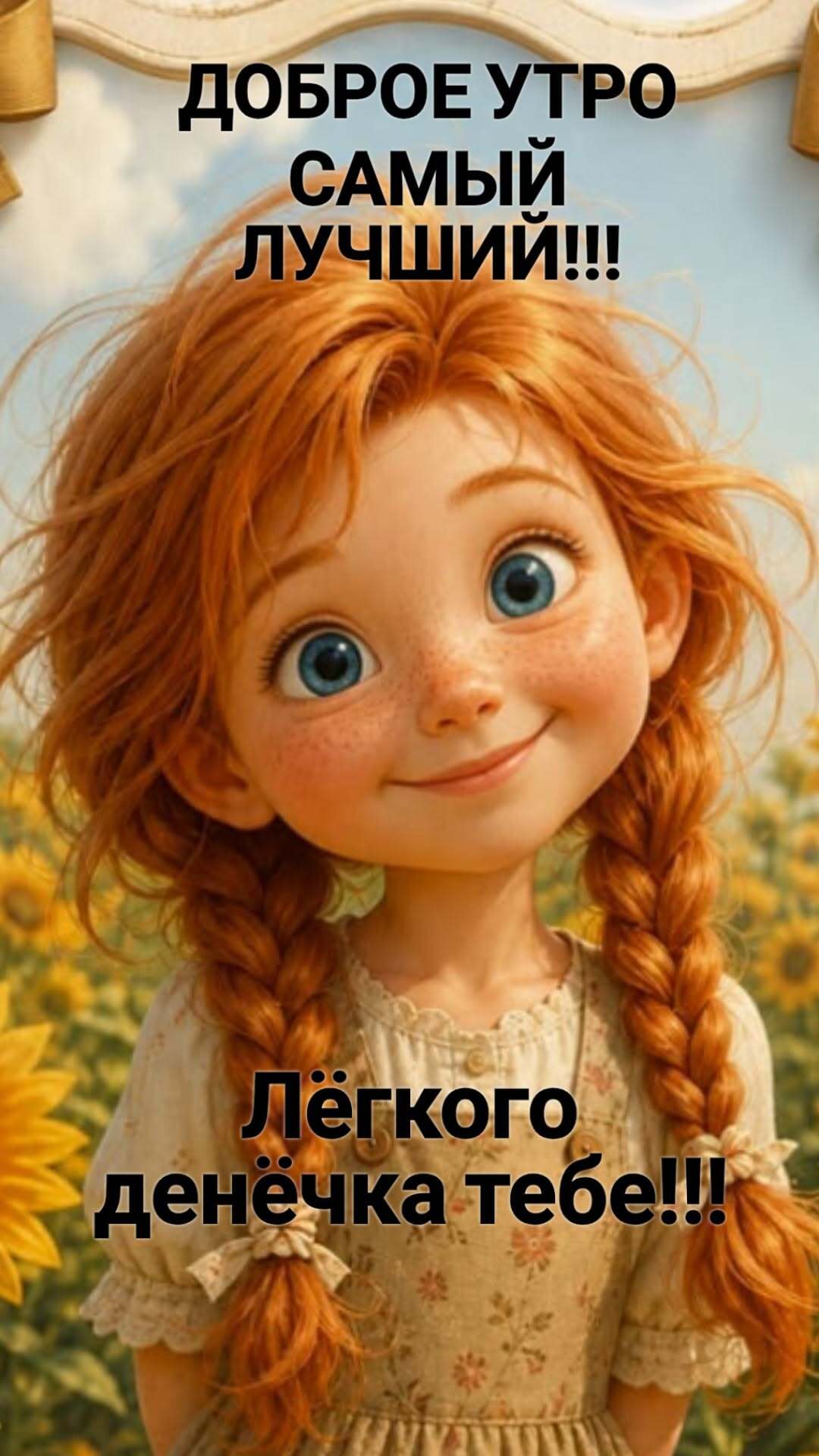 Открытка с добрым утром. Рыжая девочка желает легкого денечка. Открытка с добрым утром. Рыжая девочка желает легкого денечка.