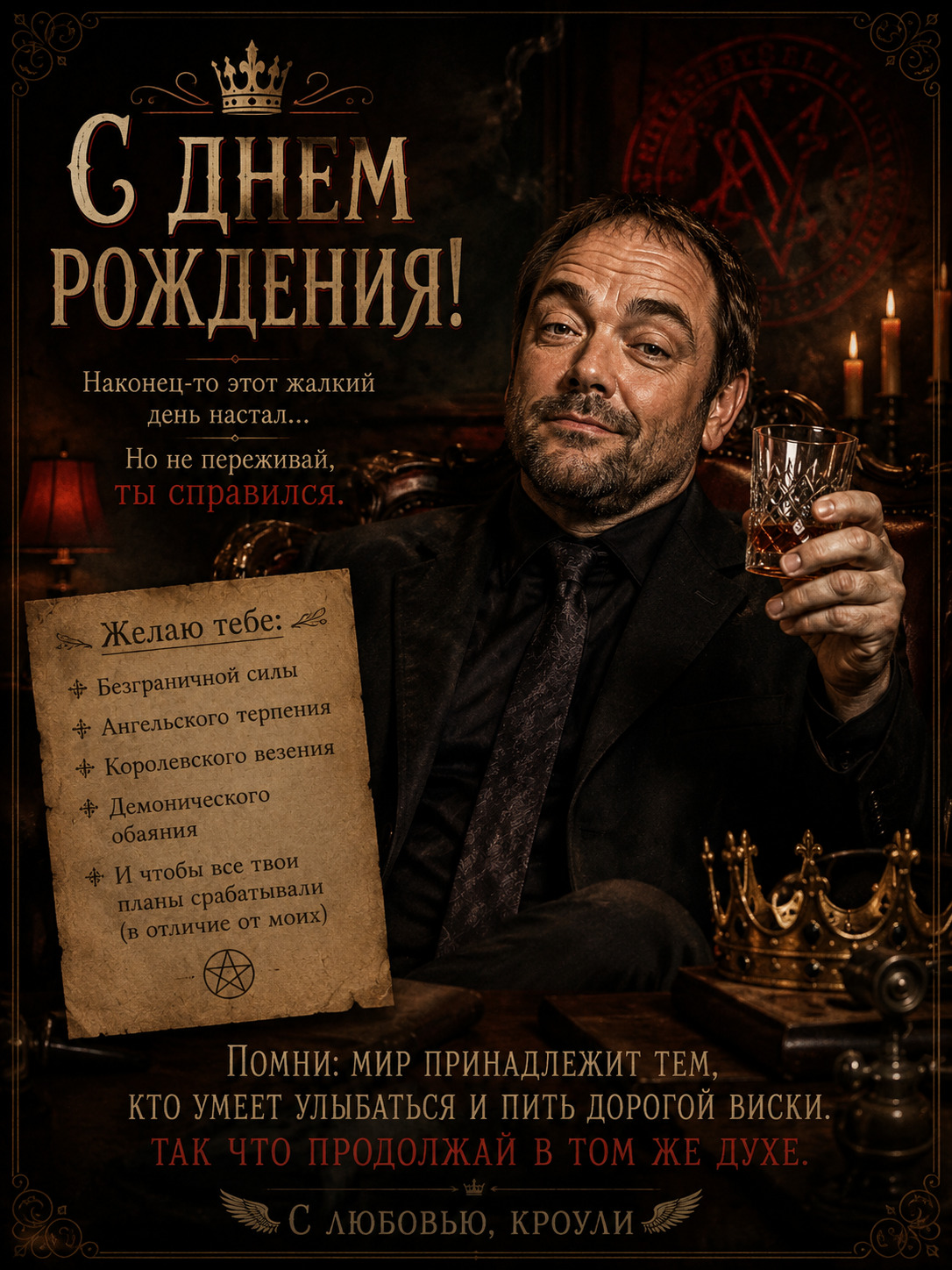 Открытка с днем рождения. a man holding a glass in front of a sign that says g i e m poyklevin