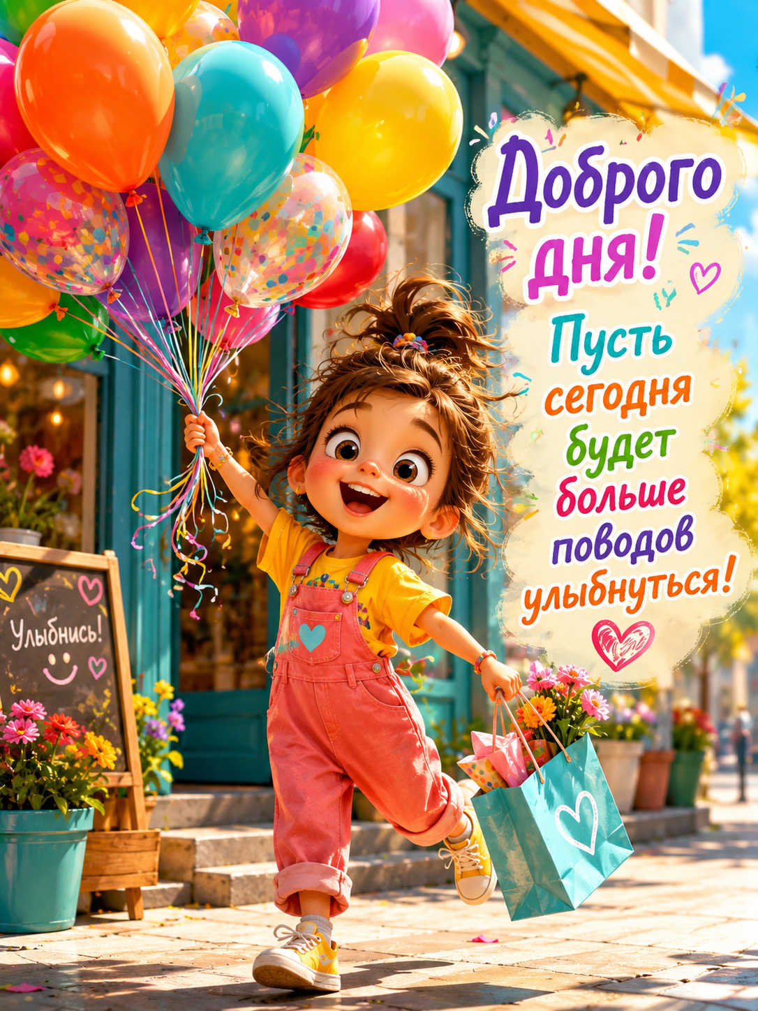 Открытка хорошего дня и настроения. Девочка с разноцветными шариками.