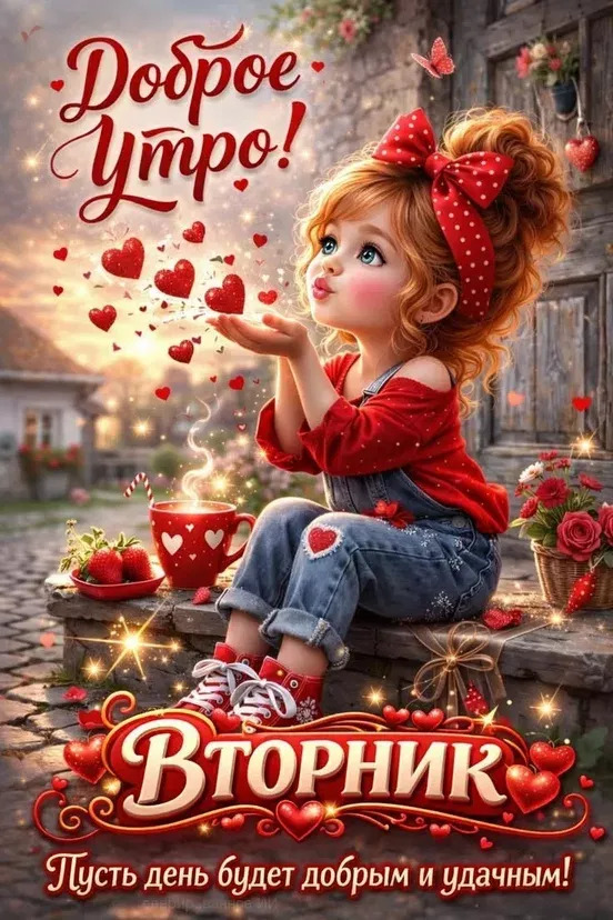 Открытка на вторник. Девочка в красном шлет сердечки.