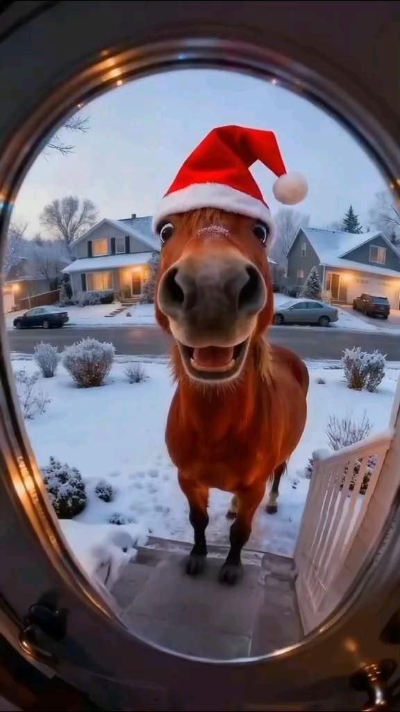 Открытка с Новым годом. #юмор 😂🤣😂 a horse wearing a santa claus hat looking through a porthole window at the camera