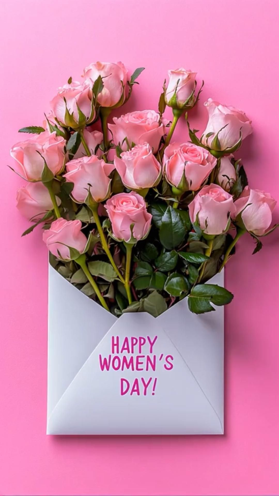 Открытка с Международным Женским Днем 8 марта. a bouquet of pink roses in an envelope with the words happy women's day