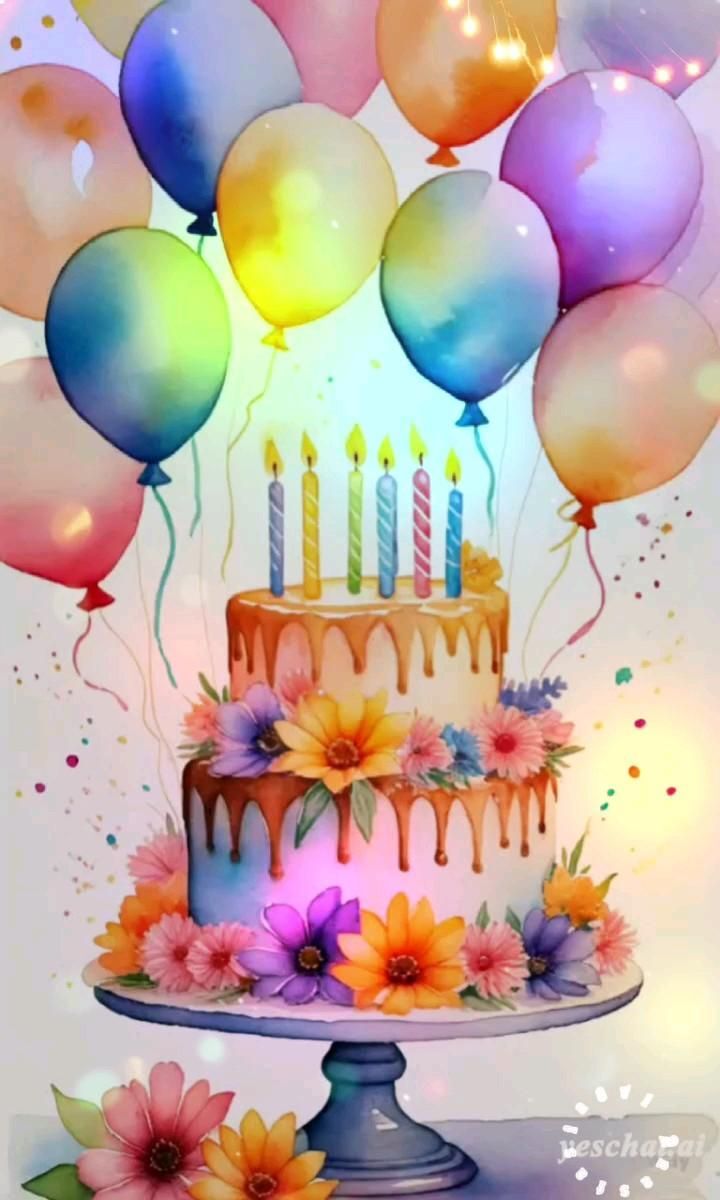 Открытка с днем рождения. С Днем рождения!🥳🎊🎉 a birthday cake with balloons and flowers on it