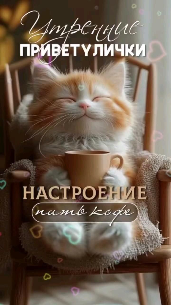 Открытка с добрым утром. УТРЕННИЙ ПРИВЕТ. an orange and white cat sitting in a chair with its eyes closed while holding a coffee cup