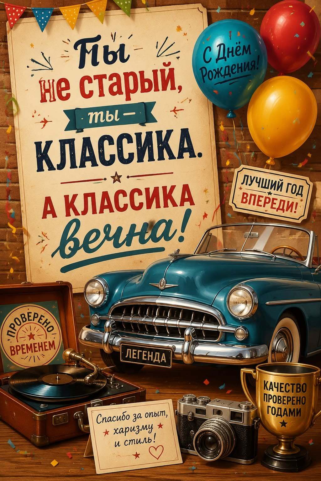 Открытка с днем рождения мужчине. открытка с днем рождения открытки с днем рождения Открытка ко дню рождения an old car is surrounded by balloons, signs and other items in front of a brick wall