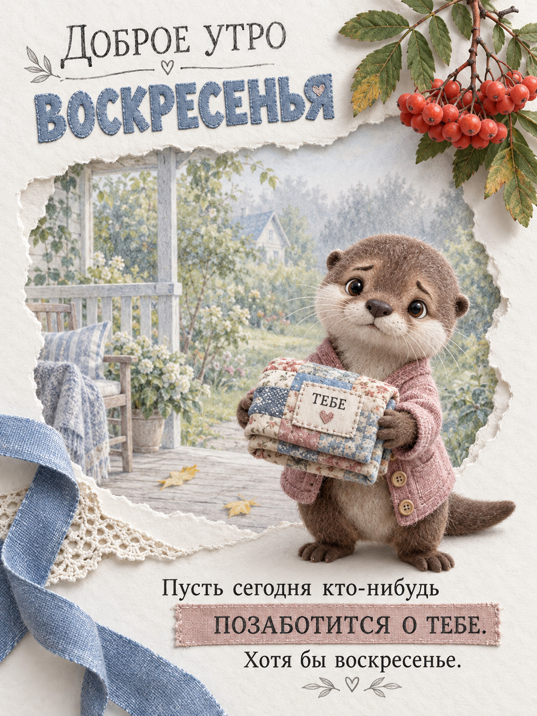 Открытка на воскресенье. Выдра с подарком.