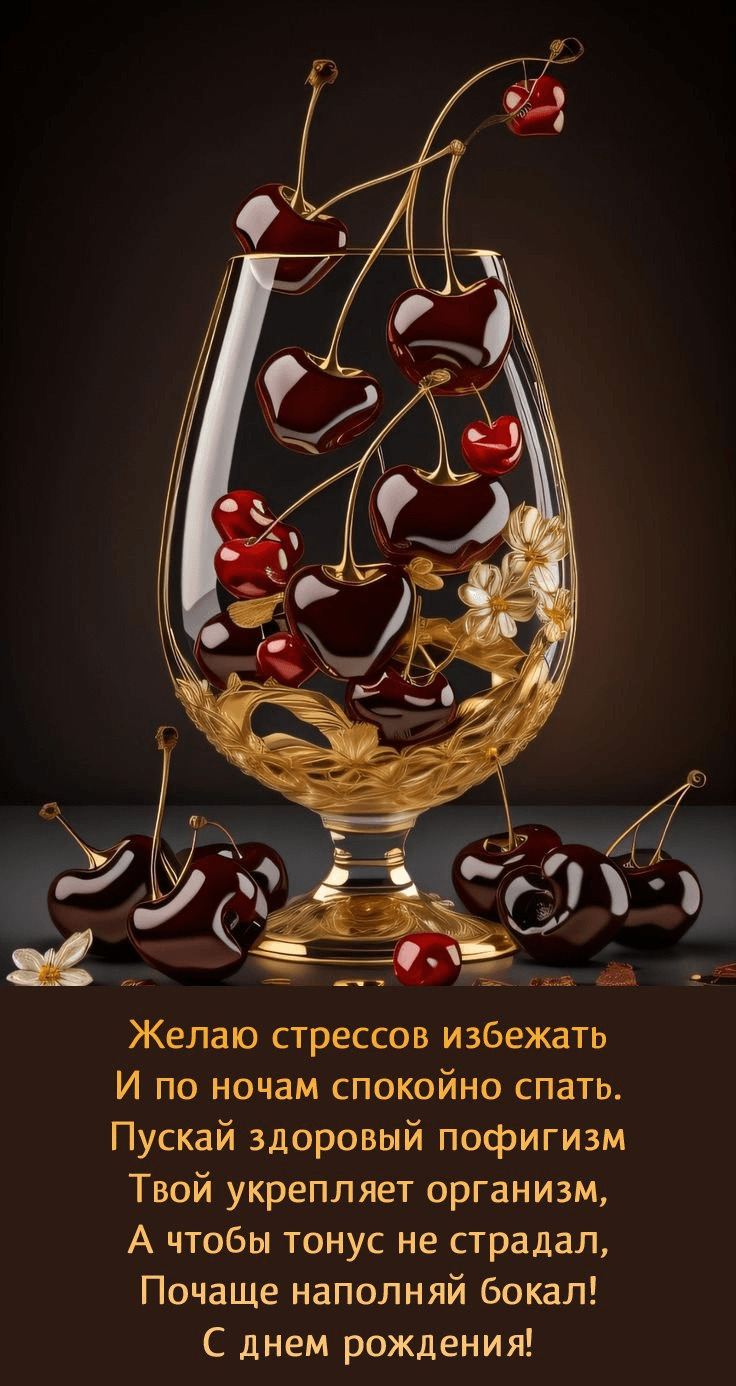 Открытка с днем рождения мужчине. Бокал с вишнями.