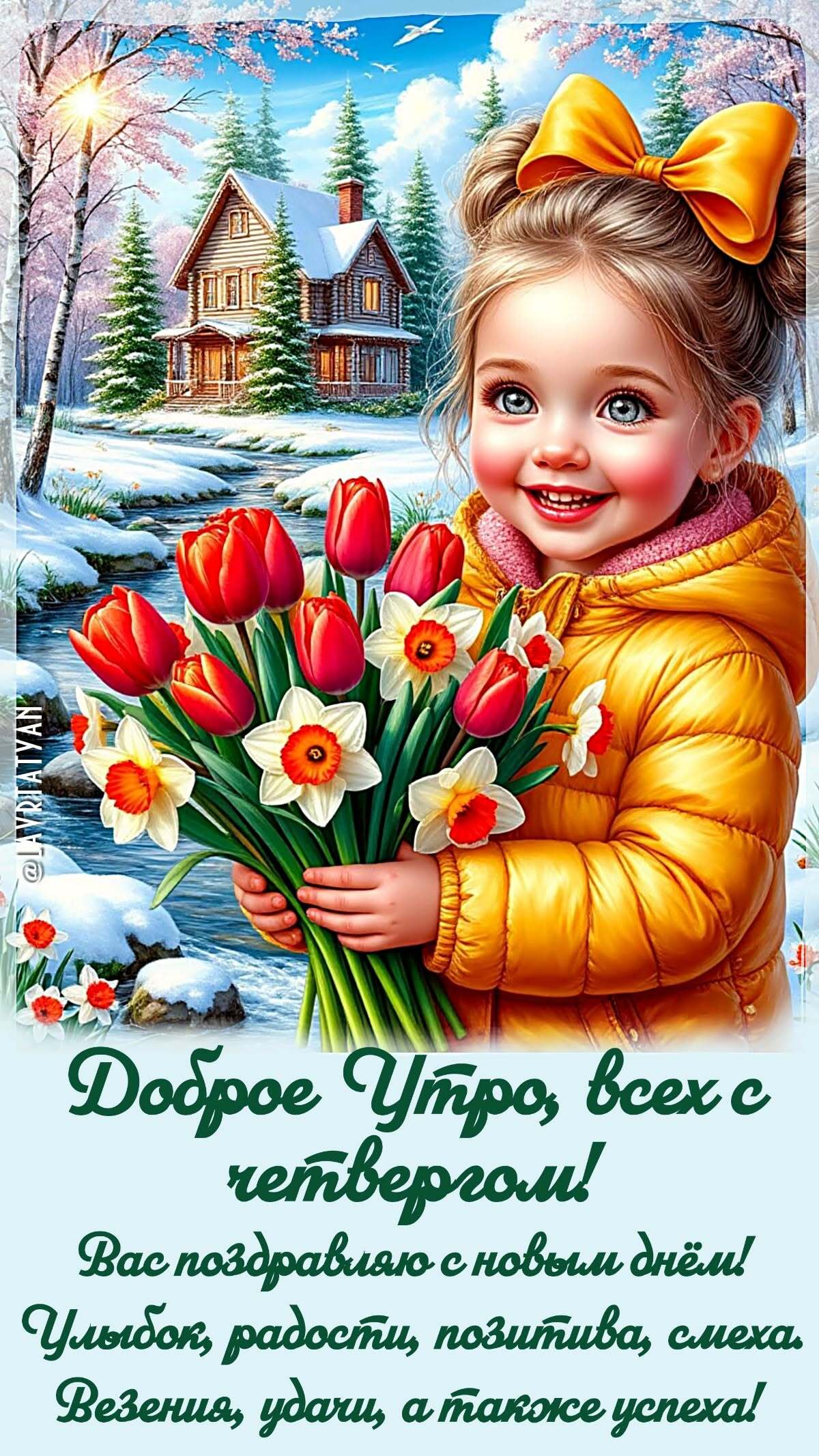 Открытка на зимний четверг. Девочка цветами. Открытка на зимний четверг. Девочка цветами.