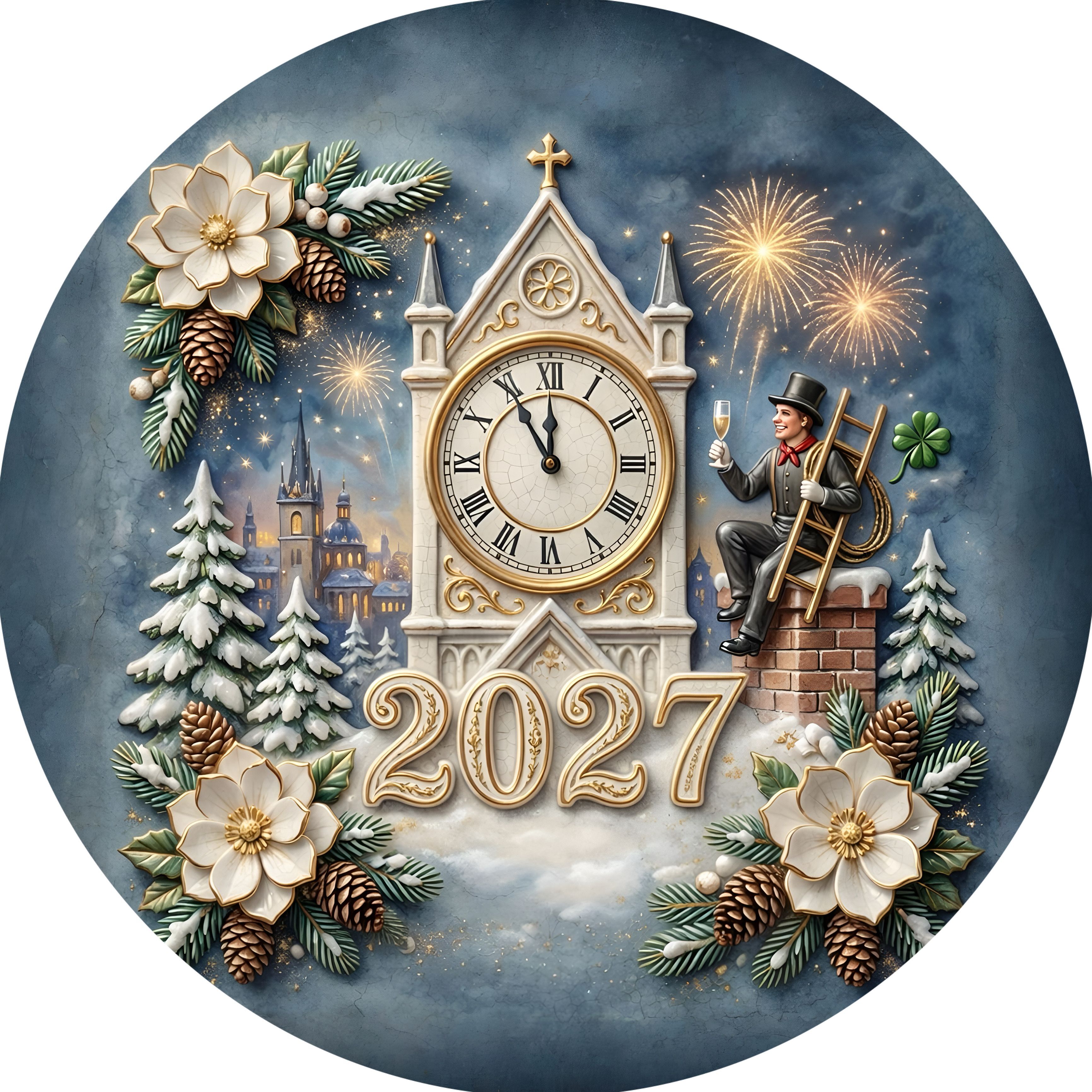 Открытка с Новым годом 2027. a clock that is on the side of a building with fireworks in the sky behind it