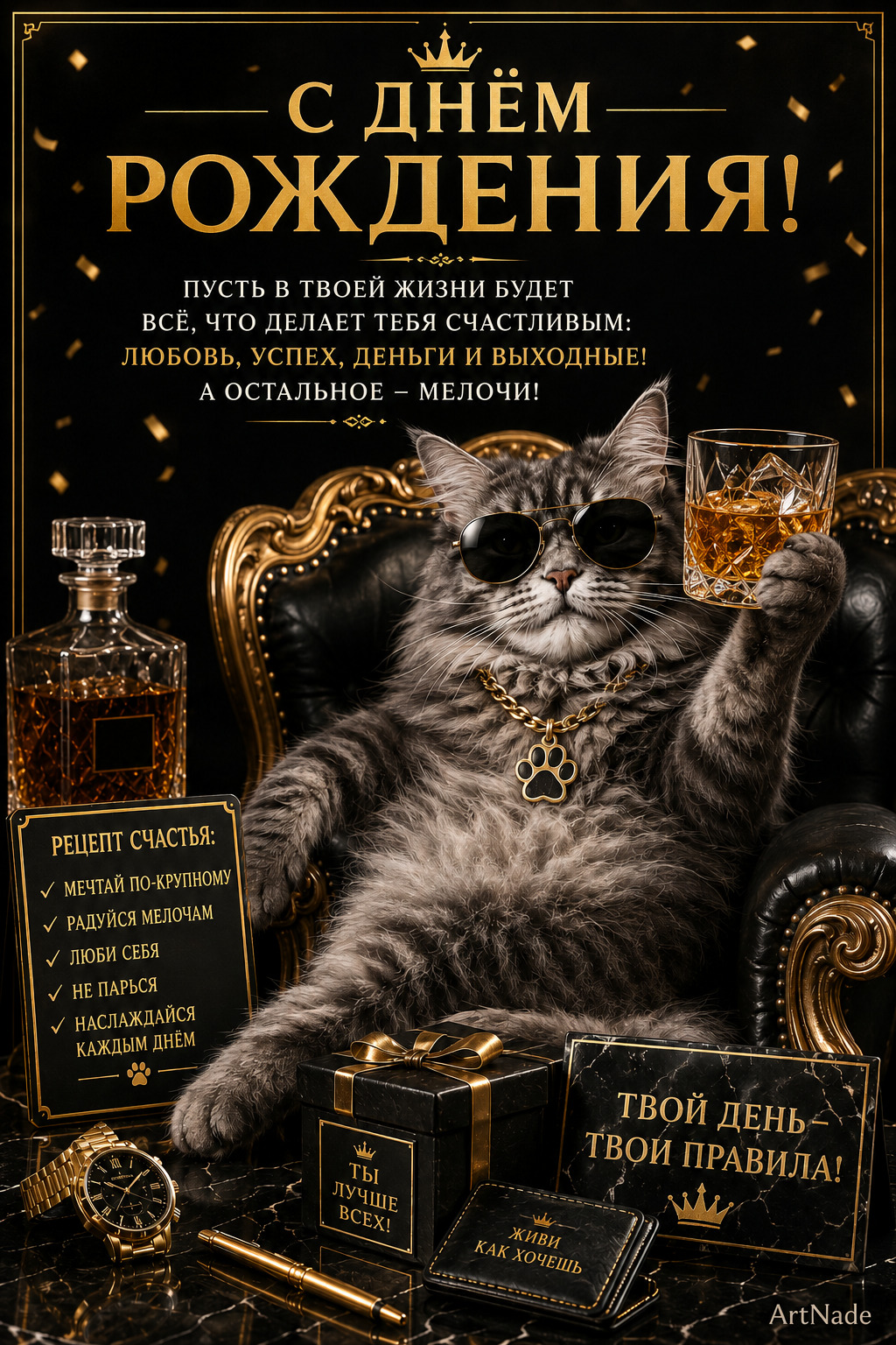 Открытка с днем рождения мужчине. 🎉 С Днем Рождения! 🥃😎 Стильная и прикольная открытка с харизматичным котом в очках и бокалом виски для тех, кто знает цену хорошей жизни. Пожелания успеха, достатка, ярких впечатлений и отличного настроения. Идеально для мужчины, друга, коллеги, брата или начальника с чувством юмора. ✨ Дорого-богато. ✨ С юмором. ✨ По-мужски солидно.  Сохраняйте и отправляйте именинникам, которые любят красивую жизнь и умеют наслаждаться каждым днем!  #сднемрождения #открыткасднемрождения #поздравлениесднемрождения #прикольнаяоткрытка #юмор #кот #котики #котсвиски #дорогобогато #мужскаяоткрытка #поздравлениемужчине #деньрождениямужчины #стильнаяоткрытка #праздник #поздравление #сднюхой #happybirthday #birthdaycard #artnade #открытки С Днем Рождения мужчине – прикольная открытка с котом и виски | Дорого-богато с юмором a cat sitting on top of a chair next to a bottle of alcohol and other items