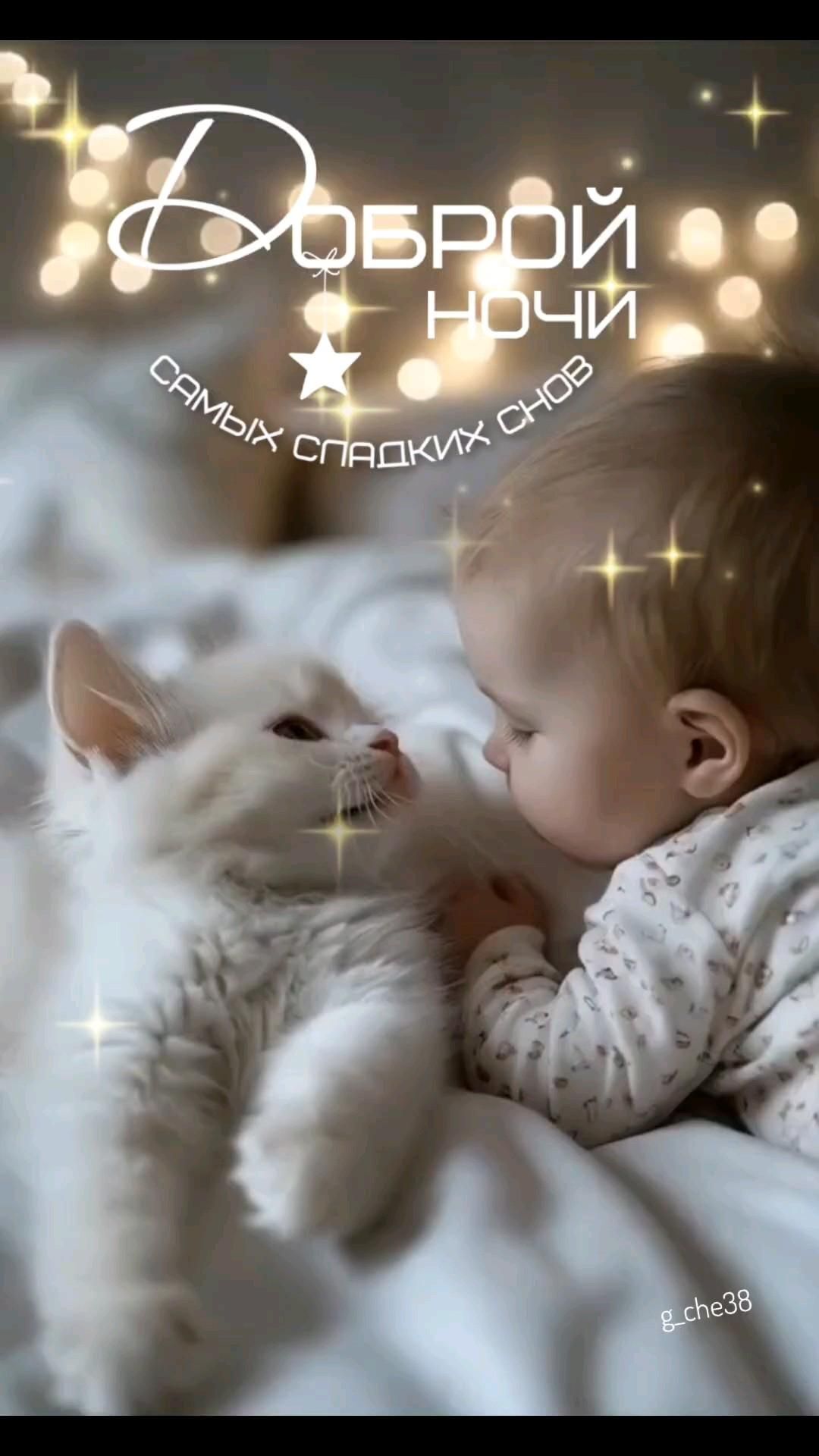 Открытка спокойной ночи. a baby laying on top of a bed next to a white cat with glowing lights in the background
