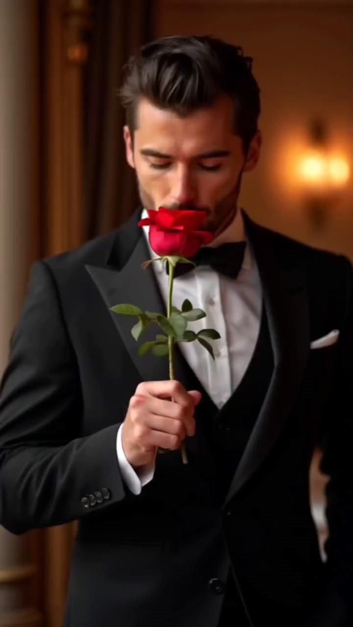Открытка с днем рождения женщине. a man in a tuxedo holding a rose