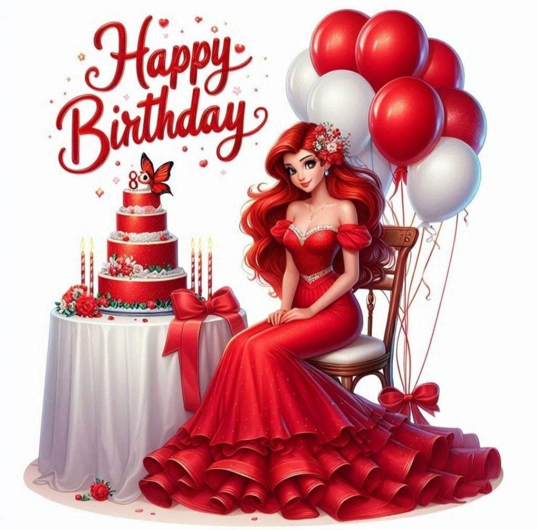 Открытка с днем рождения дочери. a woman sitting in front of a cake with balloons on it and the words happy birthday