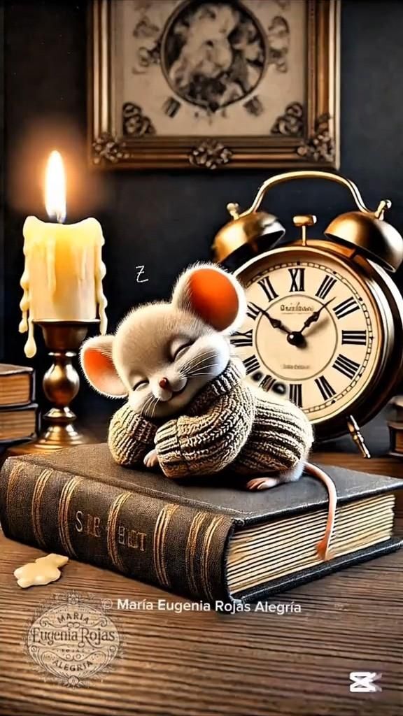 Открытка добрый вечер. Buenas noches 🥱😴💤 a small mouse sitting on top of a book next to an alarm clock and candle Открытка добрый вечер. Buenas noches 🥱😴💤 a small mouse sitting on top of a book next to an alarm clock and candle