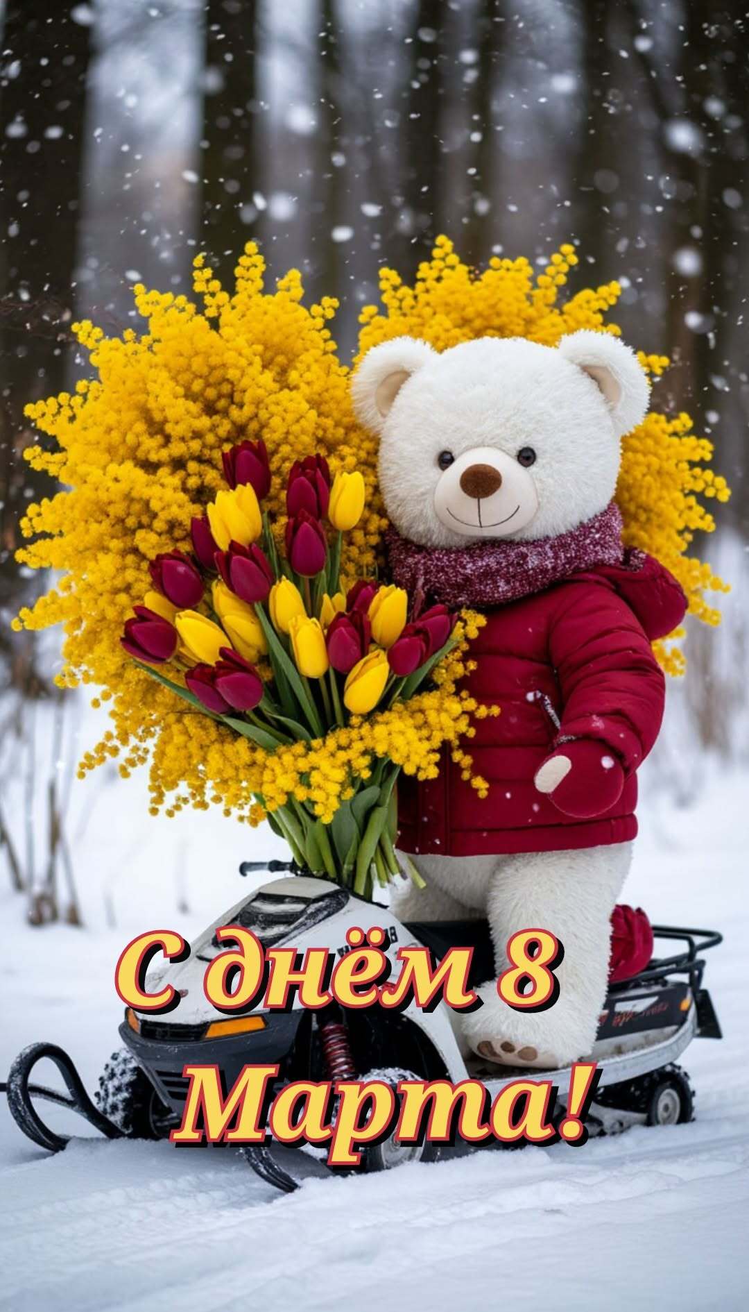 Открытка с Международным Женским Днем 8 марта. Мишка с цветами на снегоходе.