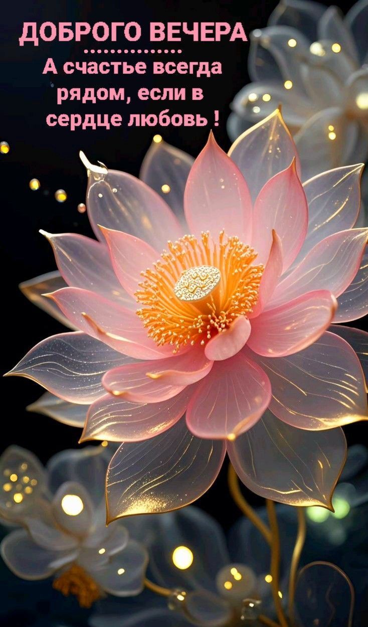 Открытка добрый вечер. a pink flower is in the middle of some water lilies with sparkles around it