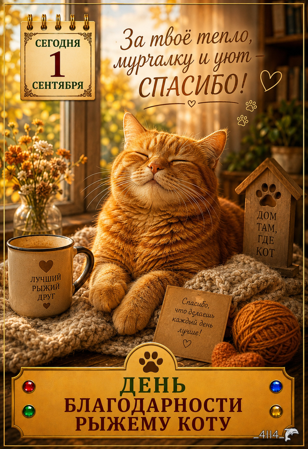 Открытка День благодарности рыжему коту. 1 сентября