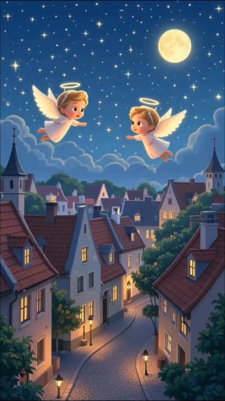 Открытка спокойной ночи. two angels flying over a town at night with the moon in the sky above them