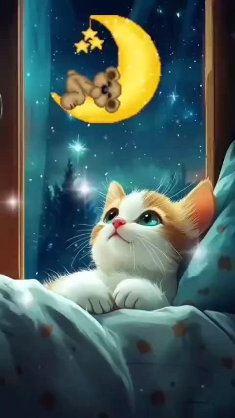 Открытка спокойной ночи. a cat laying on top of a bed next to a window Открытка спокойной ночи. a cat laying on top of a bed next to a window