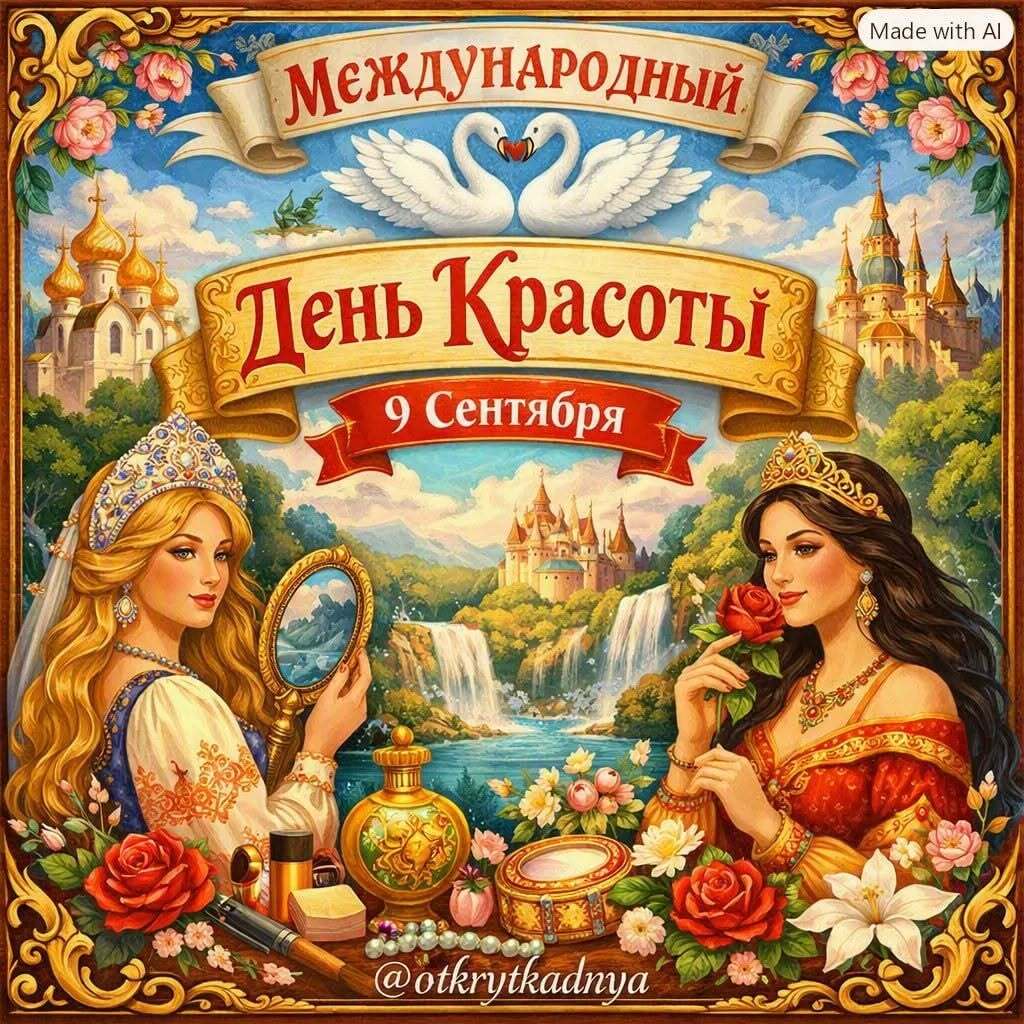 Открытка с днем красоты. Две красавицы в народном стиле.