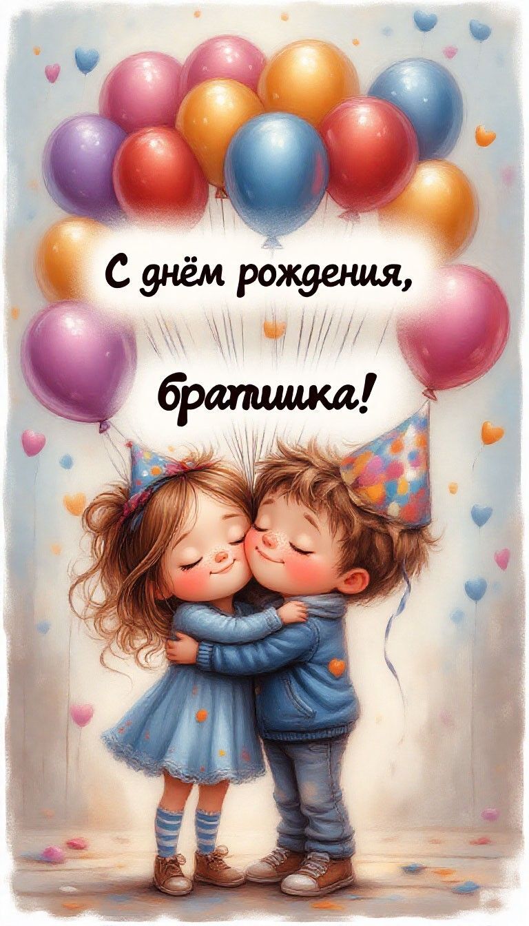 Открытка с днем рождения брату. день рождения , брат, праздник, поздравления, #сднемрождениябрат, #сднемрождения, #поздраыляю Братишке🥳 two children kissing each other with balloons and confetti in the background that says congratulations