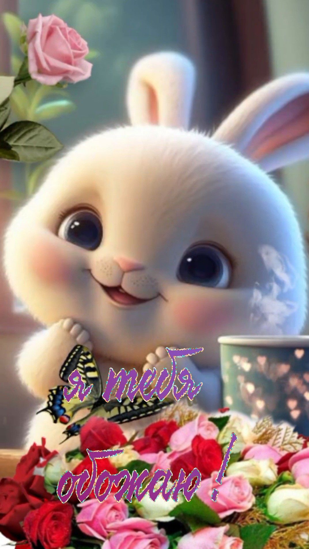 Открытка люблю тебя. a cute little bunny sitting next to some flowers