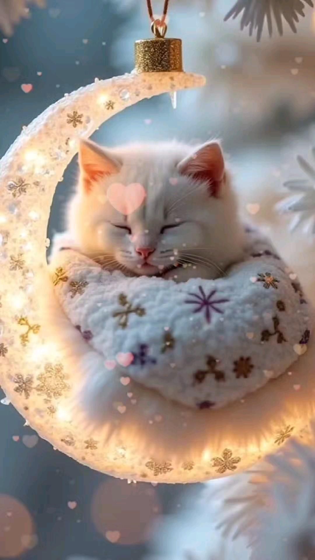 Открытка на Зиму. a white cat sleeping on top of a christmas ornament hanging from a tree