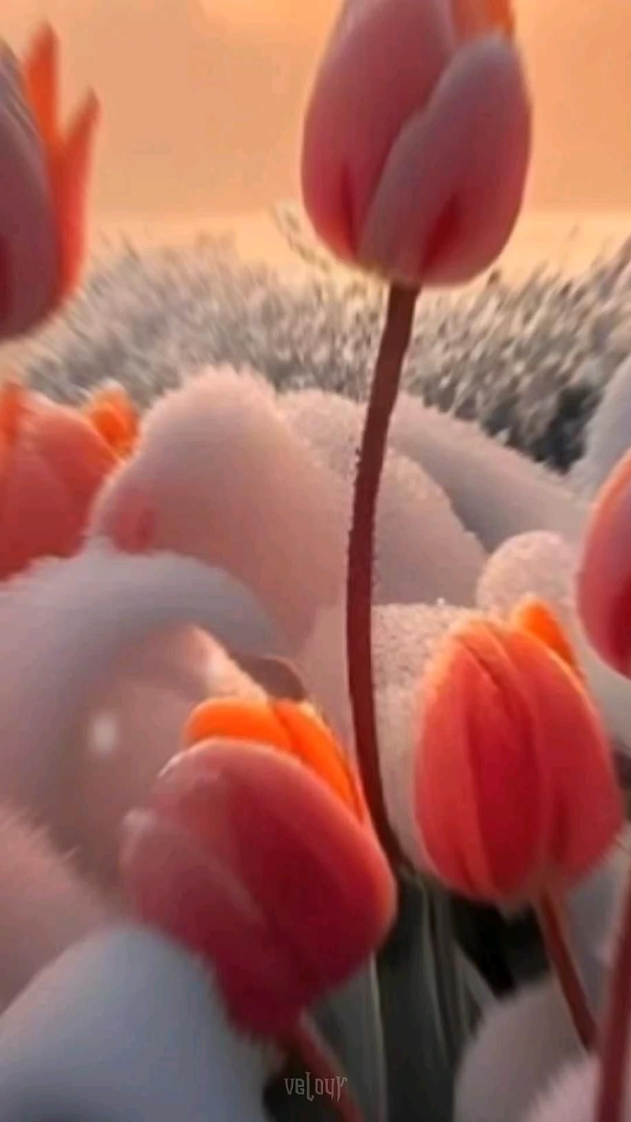 Открытка на Зиму. Февраль some pink flowers are in the snow and one is on top of another flower stem