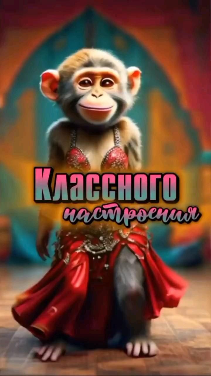 Открытка хорошего дня и настроения. a monkey in a red dress with the words kachoto on it's chest