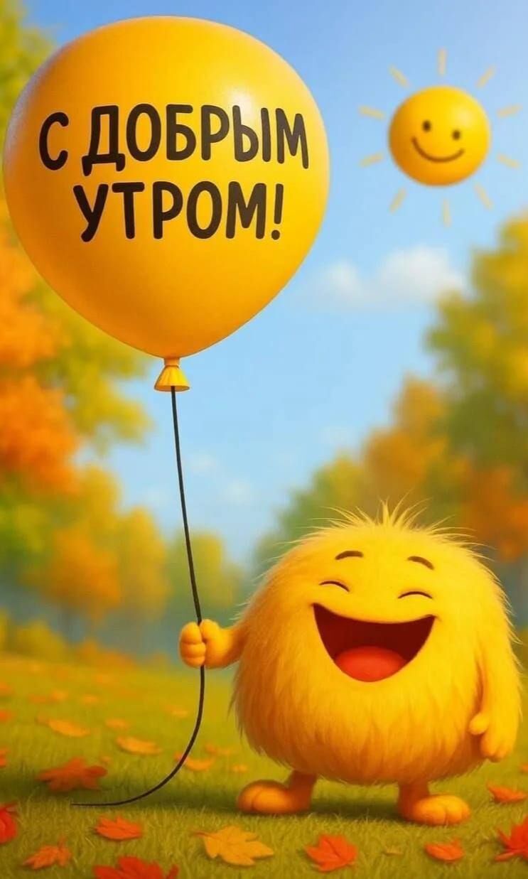 Открытка с добрым утром. Пушистый смайлик с шариком.