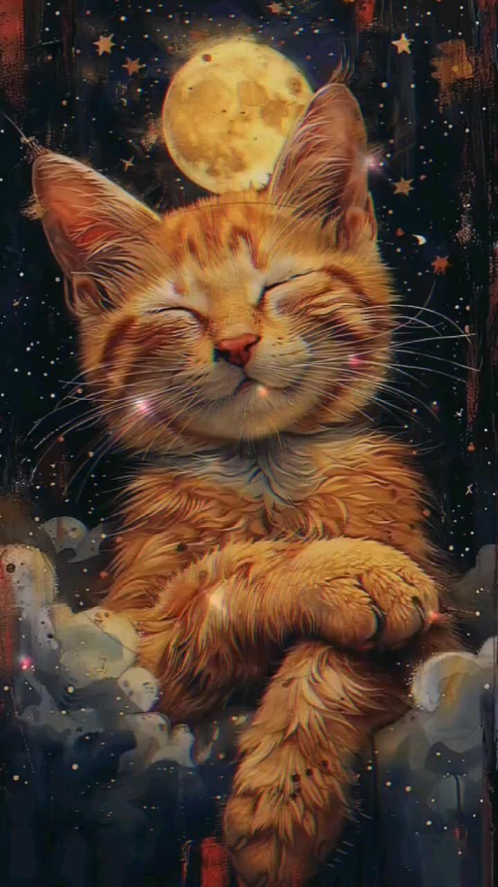 Открытка спокойной ночи. an orange cat sleeping on top of a pile of rocks with the moon in the background