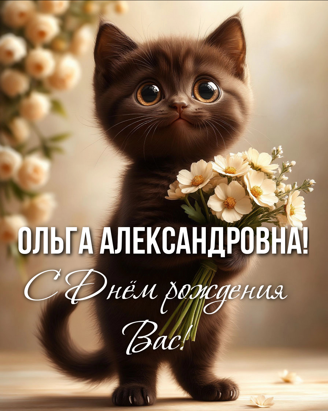 Открытка с днем рождения Ольга Александровна. #ОльгаАлександровна #сДнемРождения Ольга Александровна, с Днем рождения! a kitten holding a bouquet of flowers with the caption russian prove, bau