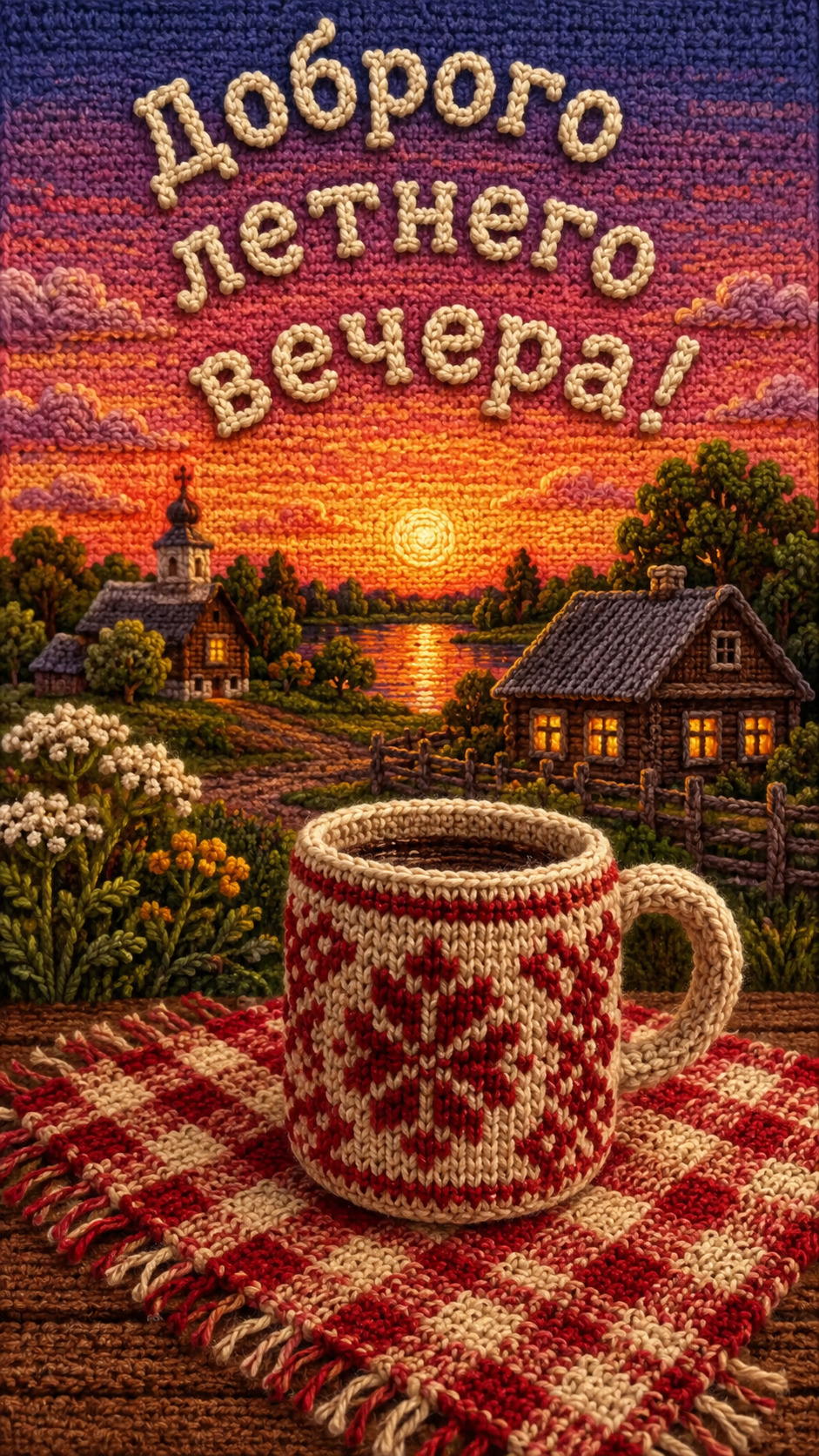 Открытка добрый вечер. Вязаная чашка.