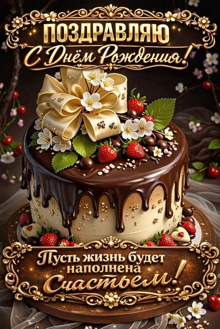 Открытка с днем рождения женщине. a cake with chocolate frosting and strawberries on top is in the middle of an ornate frame Открытка с днем рождения женщине. a cake with chocolate frosting and strawberries on top is in the middle of an ornate frame