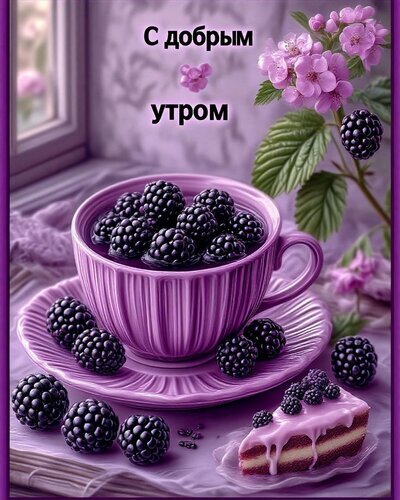 Уютная фиолетовая открытка «С добрым утром» с чашкой ягод, ежевикой и нежными цветами. Идеальное пожелание доброго утра для соцсетей и мессенджеров. Открытка Доброе утро Красивая поздравительная открытка к утру в нежных фиолетовых тонах. На изображении представлена чашка изящной фиолетовой керамики, наполненная спелой черникой или ежевикой. Композицию дополняют ягоды ежевики, рассыпанные на тарелке, аппетитный кусочек ягодного торта с глазурью и веточка цветущей сирени или вишни. В верхней части расположена надпись на русском языке «С добрым утром»