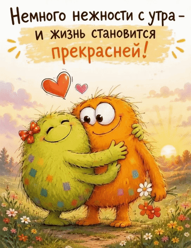 Добрая открытка с милыми монстриками: «Немного нежности с утра — и жизнь становится прекрасней!». Уютная иллюстрация для пожелания доброго утра и любви. Анимированная открытка Немного нежности с утра и жизнь становится прекрасней! Милая и добрая иллюстрация с двумя пушистыми монстриками, которые обнимаются на фоне живописного рассвета. На картинке изображен зеленый и оранжевый персонажи в сказочном стиле, окруженные цветами. Сверху расположен вдохновляющий текст на русском языке: «Немного нежности с утра — и жизнь становится прекрасней!»