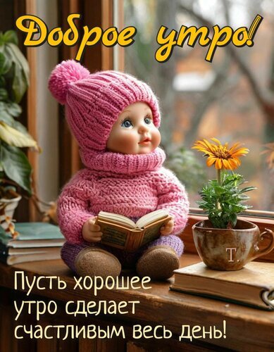 Милая открытка «Доброе утро!». Малыш в розовом читает книгу на подоконнике. Теплое пожелание хорошего дня для поднятия настроения. Открытка Доброе утро! Пусть хорошее утро сделает счастливым весь день! Уютная открытка с пожеланием доброго утра. На изображении милый кукольный малыш в розовой вязаной шапке и свитере, который увлеченно читает книгу, сидя на подоконнике. Рядом стоит чашка с цветком и стопка книг, создавая теплую домашнюю атмосферу. Надпись на русском языке: «Доброе утро! Пусть хорошее утро сделает счастливым весь день!»