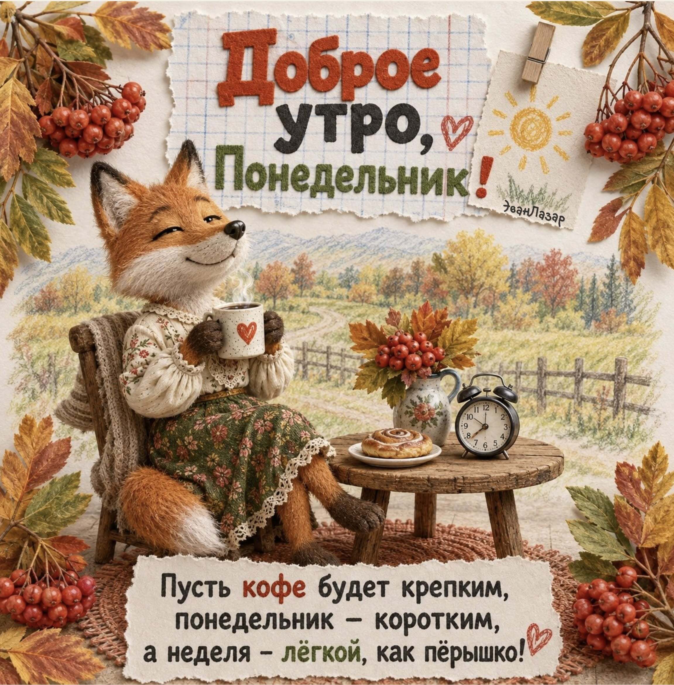 Открытка на осенний понедельник. Лиса с чашкой.