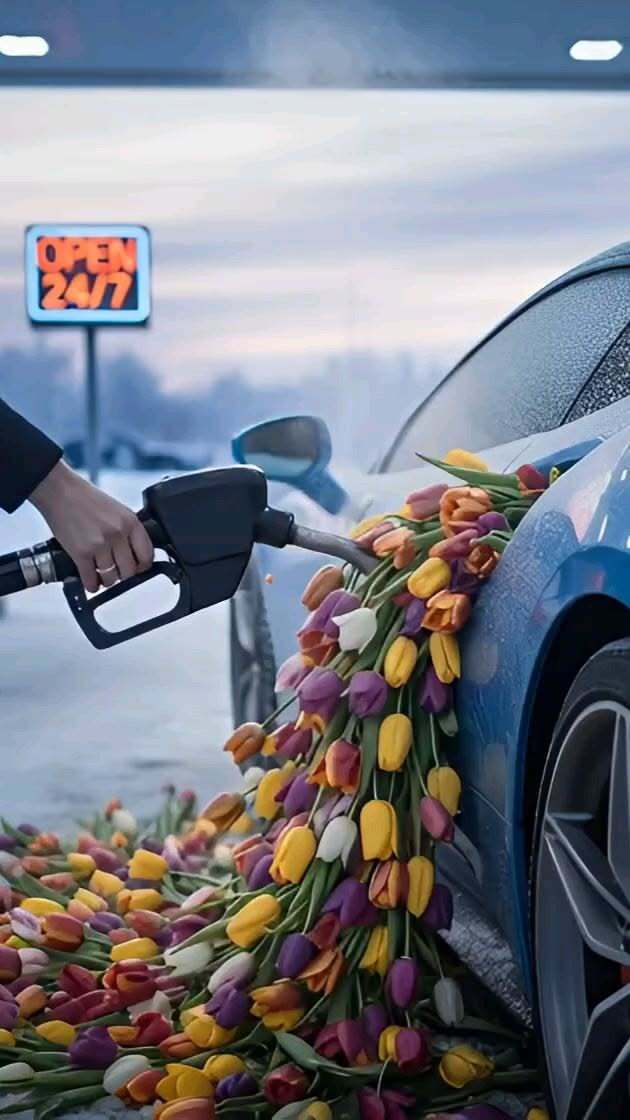 Открытка с Международным Женским Днем 8 марта. Заправляемся к весне a blue car parked next to a pile of tulips