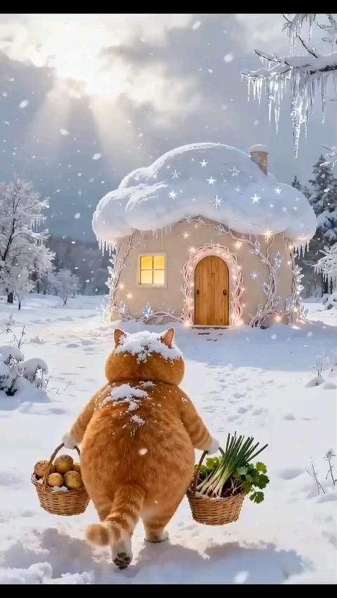 Открытка на Зиму. Нейростиль для души. there is a cat that is standing in the snow holding two baskets with vegetables on it