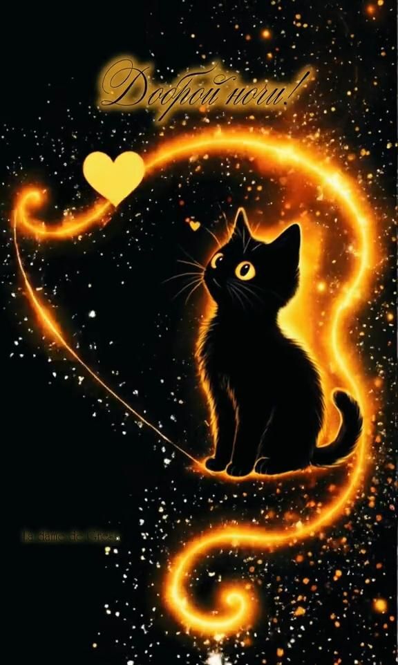 Открытка спокойной ночи. ❤️Доброй ночи a black cat sitting on top of a heart shaped moon with the caption deplaced Открытка спокойной ночи. ❤️Доброй ночи a black cat sitting on top of a heart shaped moon with the caption deplaced