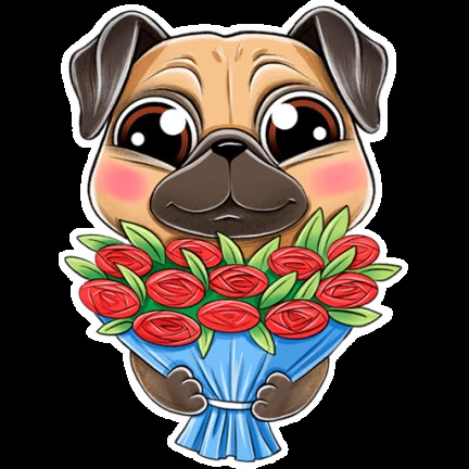 Открытка с днем рождения. a cartoon pug holding a bouquet of roses
