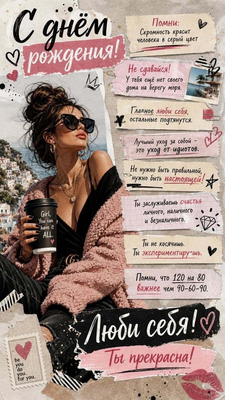 Открытка с днем рождения подруга. с днем рождения the collage has been altered to make it look like she is holding a coffee cup