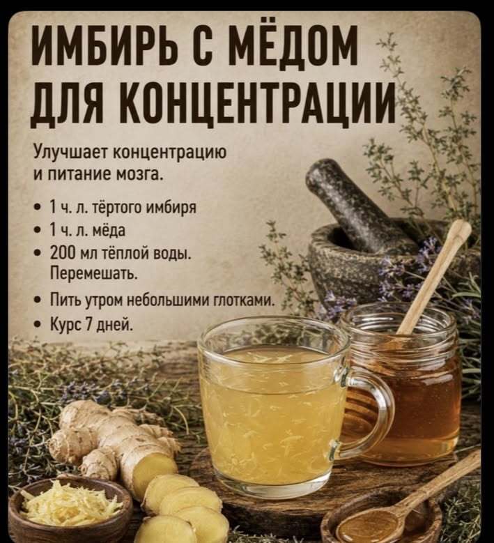 Имбирь с медом для концентрации.