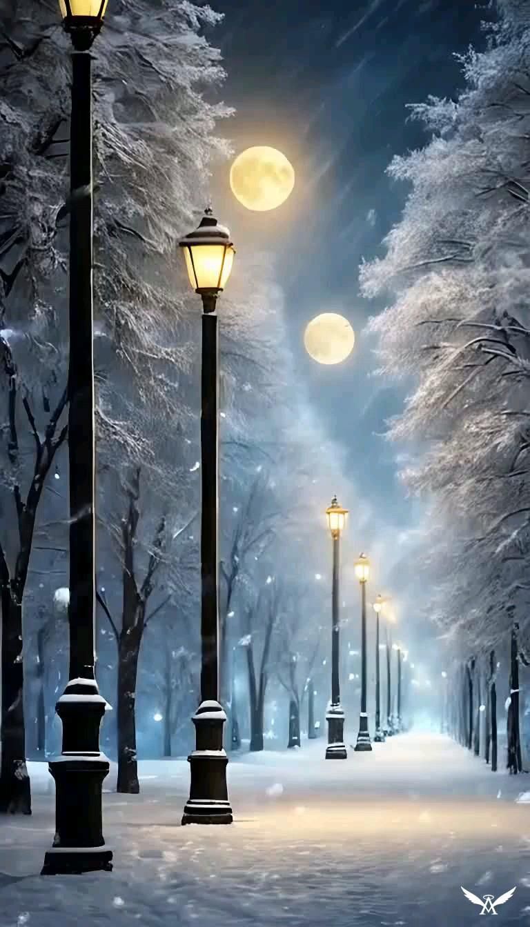 Открытка добрый вечер. a snowy night with street lights and snow covered trees Открытка добрый вечер. a snowy night with street lights and snow covered trees